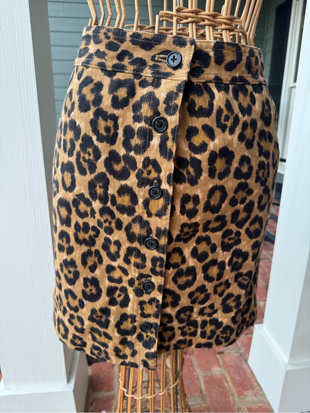 Vintage Ralph Lauren Leopard Print Linen Skirt Size 8 Button Front Y2K